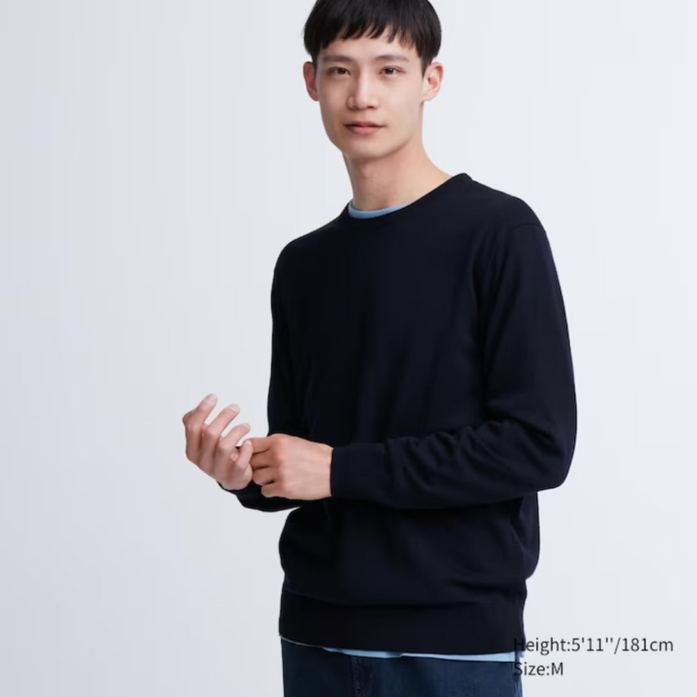 Uniqlo Extra Fine Merino Crew Neck Long-Sleeve Sweater - Navy - Medium